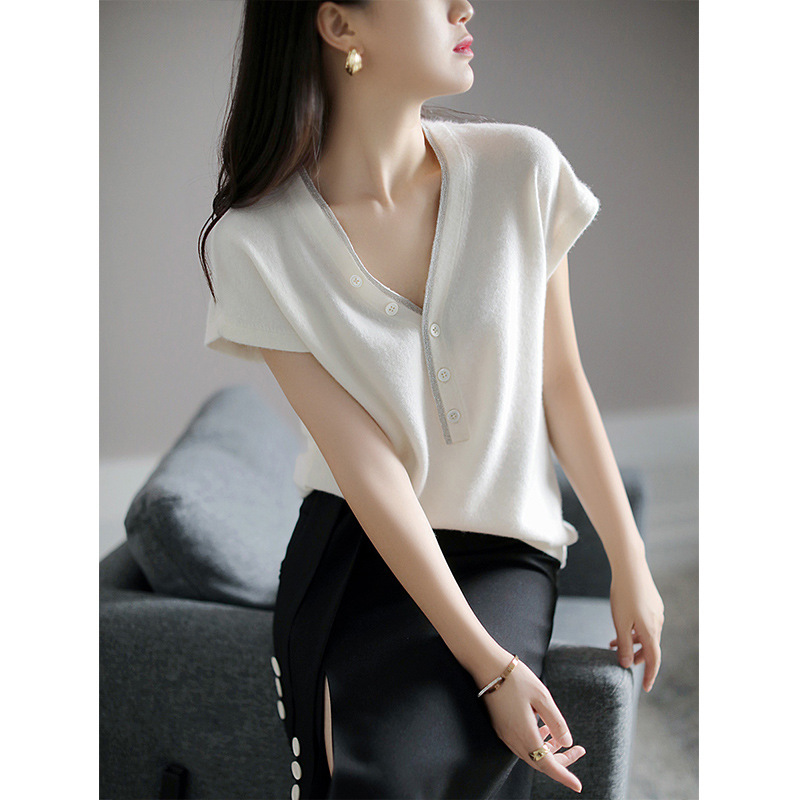 Gentle bright silk trim V-neck wool sweater for women 2022 early spring new design short sleeve thin top