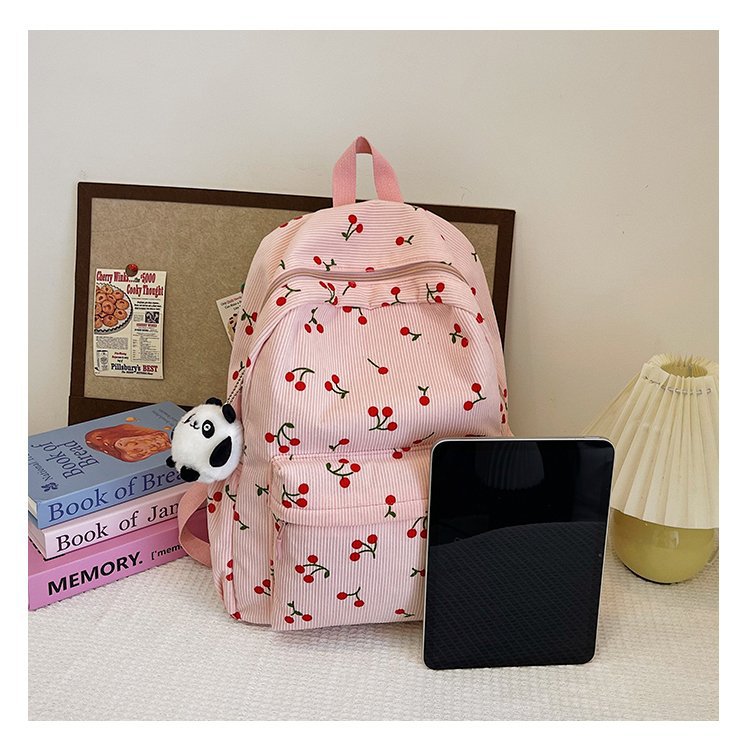 1197g Weight Polyester Lining Material Zipper Closure Type Double Shoulder Straps Strap Type Casual, School, Daily Occasion Corduroy Material Back To School Festival School Backpack Backpack Cherry Pattern All Seasons Season Women's Gender Cute Style Shell Shape Cherry Casual School Daily School Backpack 27