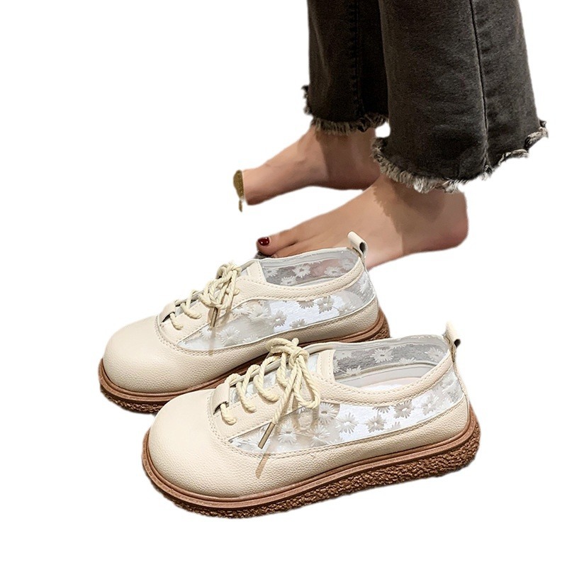 Zapatos de mujer de verano nuevos zapatos de mujer Soren estilo literario sandalias huecas de fondo grueso cabeza redonda encaje zapatos muñeca transpirables