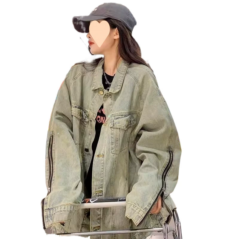 Retro denim autumn jacket for elementary school students, American style, plus size, oversize