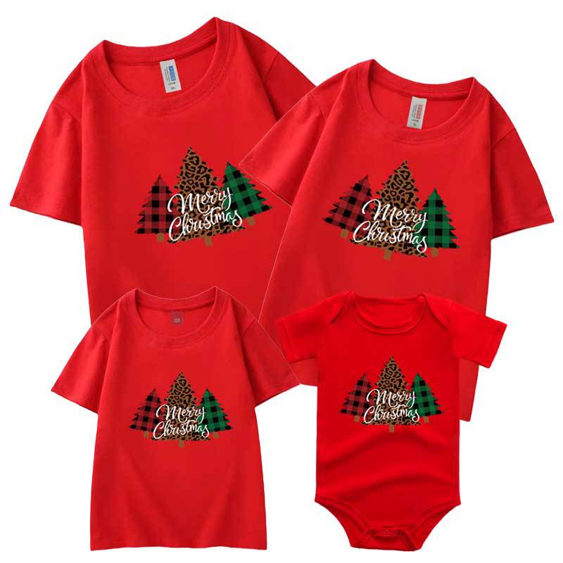 Nuevo Tres madre-niño ropa camiseta manga corta árbol de Navidad A cuadros Ropa de padres e hijos de Navidad europea y americana de comercio electrónico transfronterizo