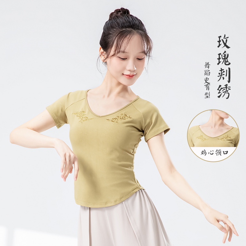 女性のためのモダンダンス服夏の新しいスリム半袖プリント毎日の練習ボディスーツ中国のダンス服トップ|undefined