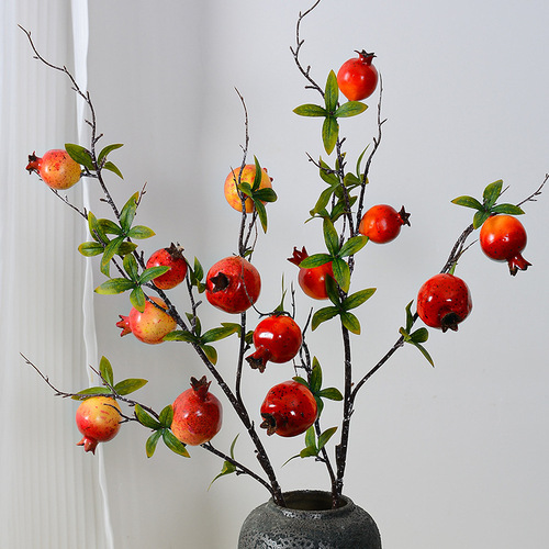 Simulated persimmon and pomegranate single-branch fake flowers, Chinese-style home furnishings, fortune bucket, New Year's Eve flower arrangements, simulated apple fruits