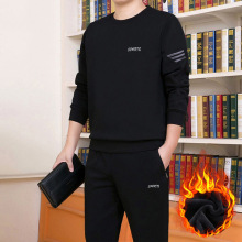 纯棉秋冬季运动套装男士休闲加绒两件套2025年男新款中年圆领套装