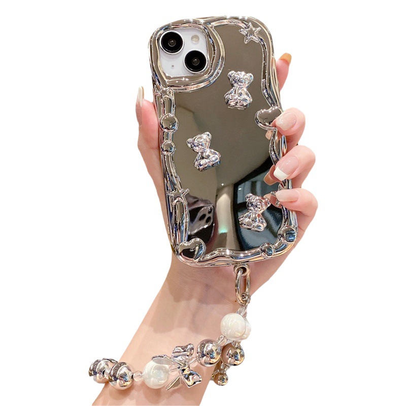 Espejo galvanizado para iPhone 16 Funda para teléfono móvil Pulsera de amor Apple 15 Silver Bear 14 Anti-caída 13 Funda blanda