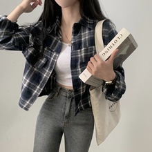 韩国chic2025秋季短款修身长袖格子高级感女式衬衫上衣