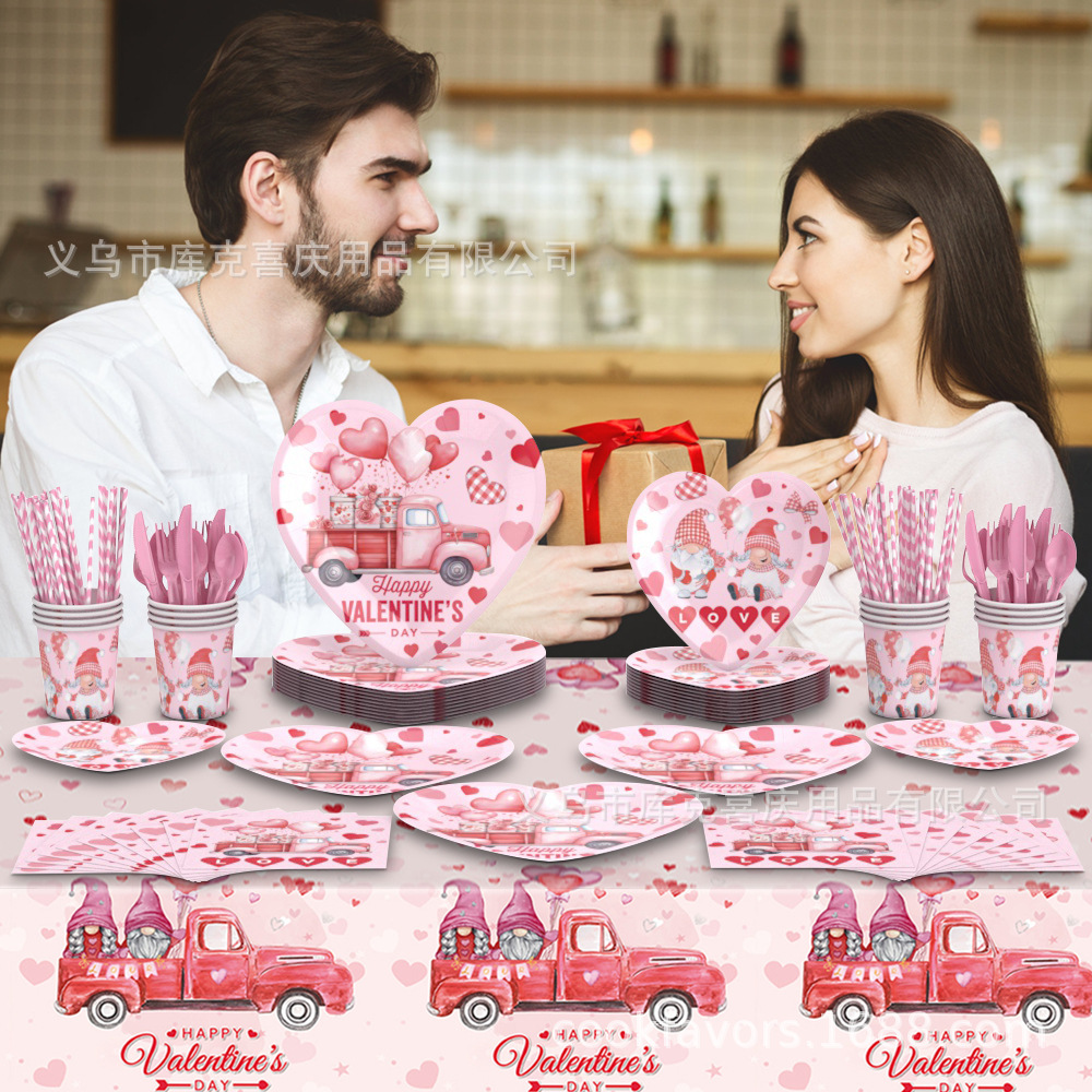 Día de San Valentín en forma de corazón cubiertos de fiesta fiesta fiesta bandeja de papel desechable taza de papel toalla de papel set
