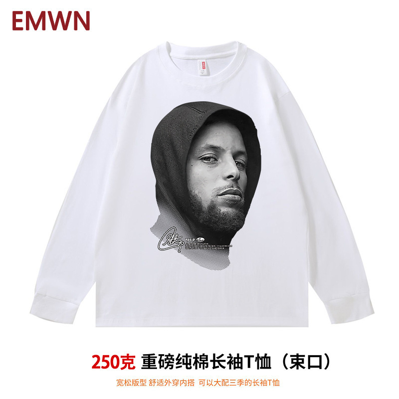 American Vintage Trendy Basketball Stephen Curry Star Long-Sleeved T-Shirt Men's and Women's Portrait Print Hip-Hop Bottoming