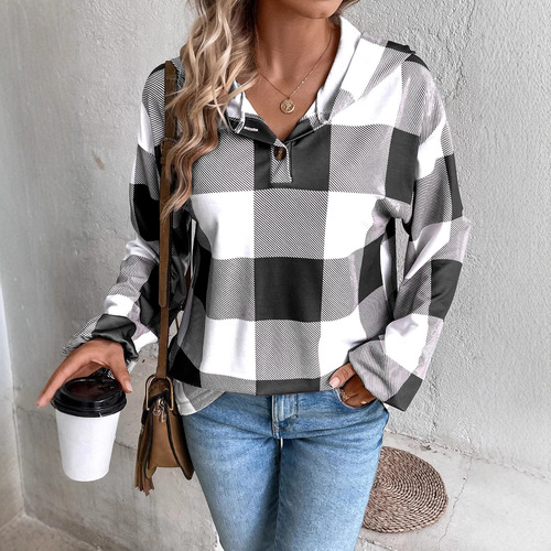 New Autumn/Winter Women's Fashionable Loose Casual Hoodie with Plaid Print and Button Closure, Long Sleeves – European and American Style