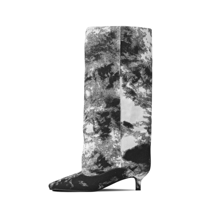 European and American foreign trade autumn and winter tie-dye washed denim wide-leg design pointed toe kitten heel 3.5cm knee-high boots European and American foreign trade autumn and winter tie-dye washed denim wide-leg design pointed toe kitten heel 3.5cm knee-high boots