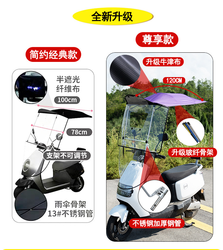 Electric Vehicle Canopy Accessories, Thickened Black Rubber Sunshade Umbrella, Sun Protection, Rainproof, Waterproof for Electric Motorcycles