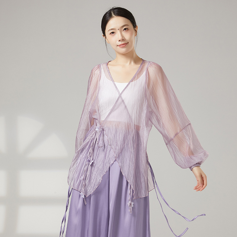 クラシックダンス服、エレガントな長袖女性用夏用薄手ガーゼブラウス、中国モダンダンス練習着トップス|undefined
