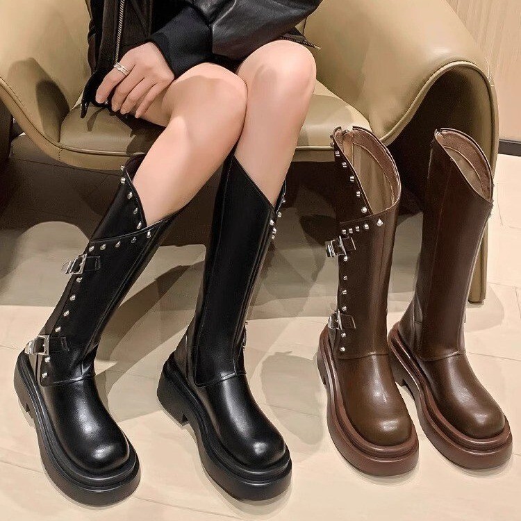 British Style Thick Bottom Design Rivet High Heel Knights Boots Autumn and Winter 2024 Vintage Round Head Rear Zipper High Boots