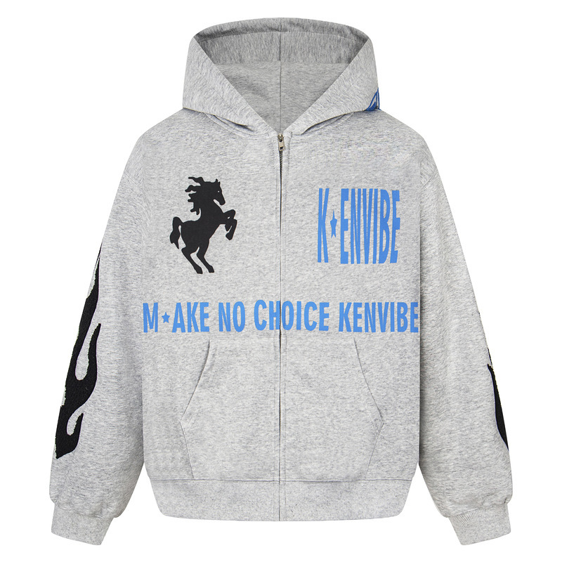 Gray hooded zip-up sweatshirt with a horse totem and flame sleeves, loose-fitting cardigan style, Y2K retro streetwear
