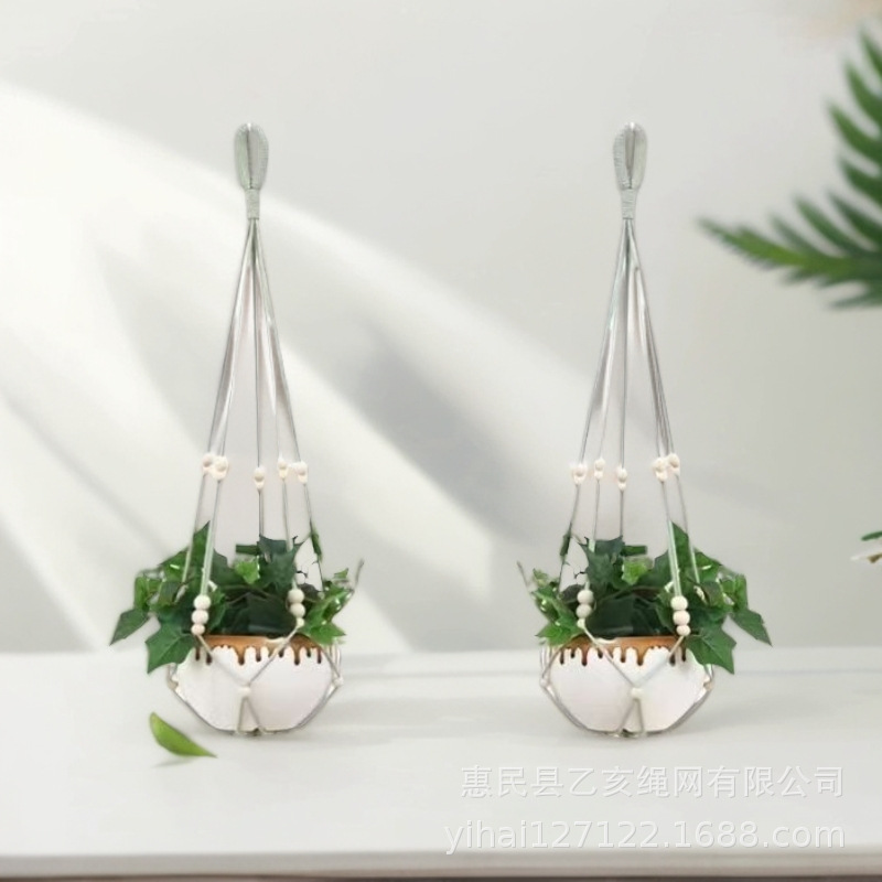 Cross-Border Gardening Weaving Creative Flower Pot Mesh Bag Cotton Rope Hanging Indoor and Outdoor Hook Decorative Plant Hanging Basket Flower Basket