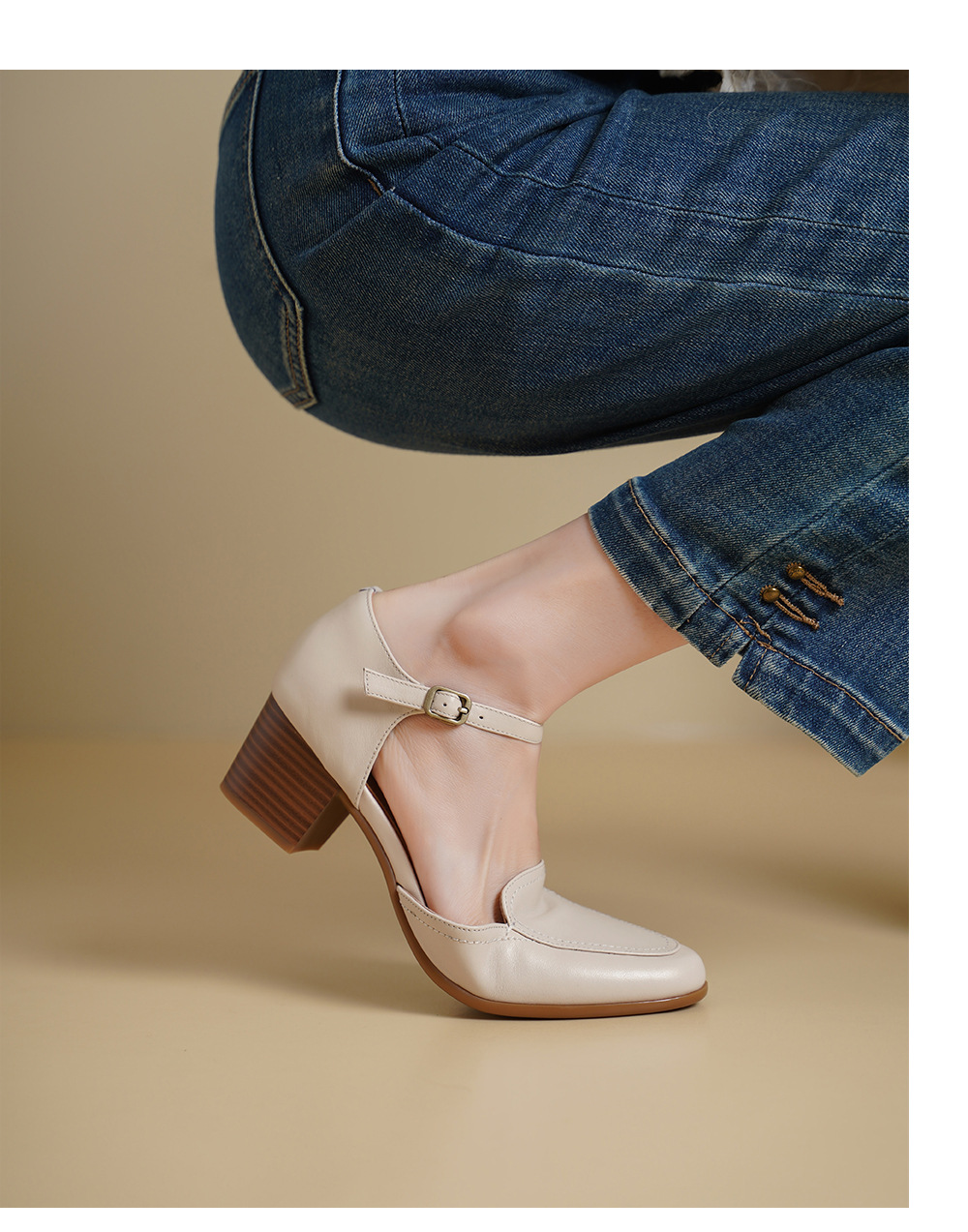 Giày sandal cao gót nữ quai ngang mũi vuông gót 5 cm kiểu Mary Jane — đen chi tiết 5