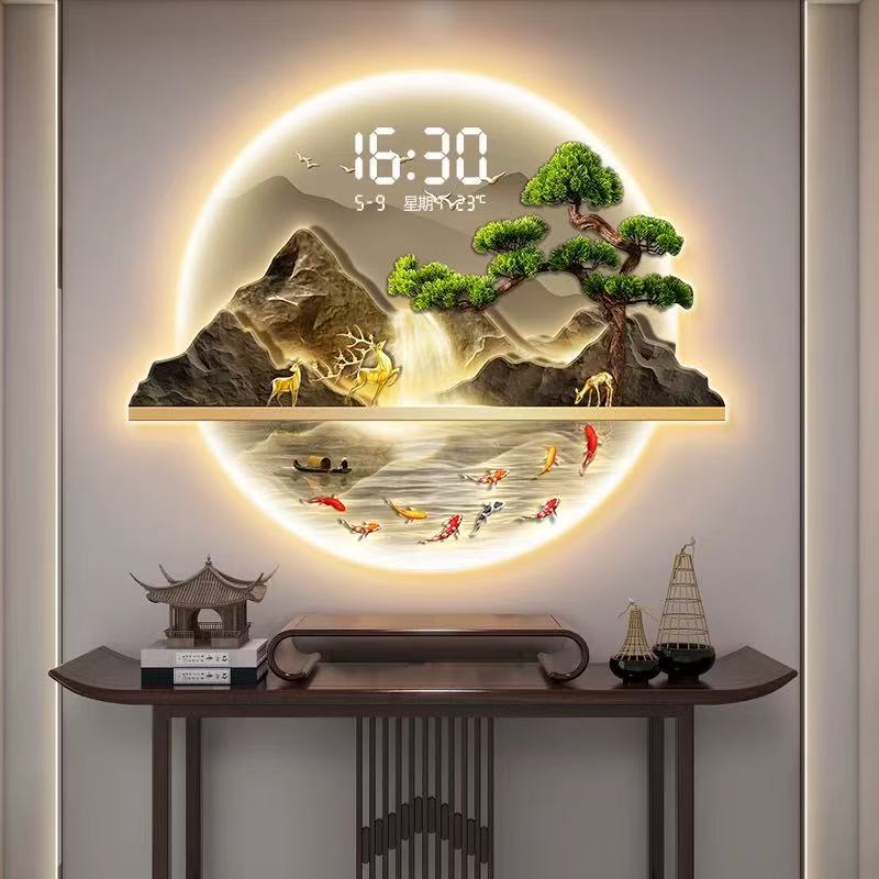 Carved Digital Display LED with Light Entrance Decorative Painting Living Room Advanced Sense Welcome Pine Hanging Painting Electronic Clock Mural