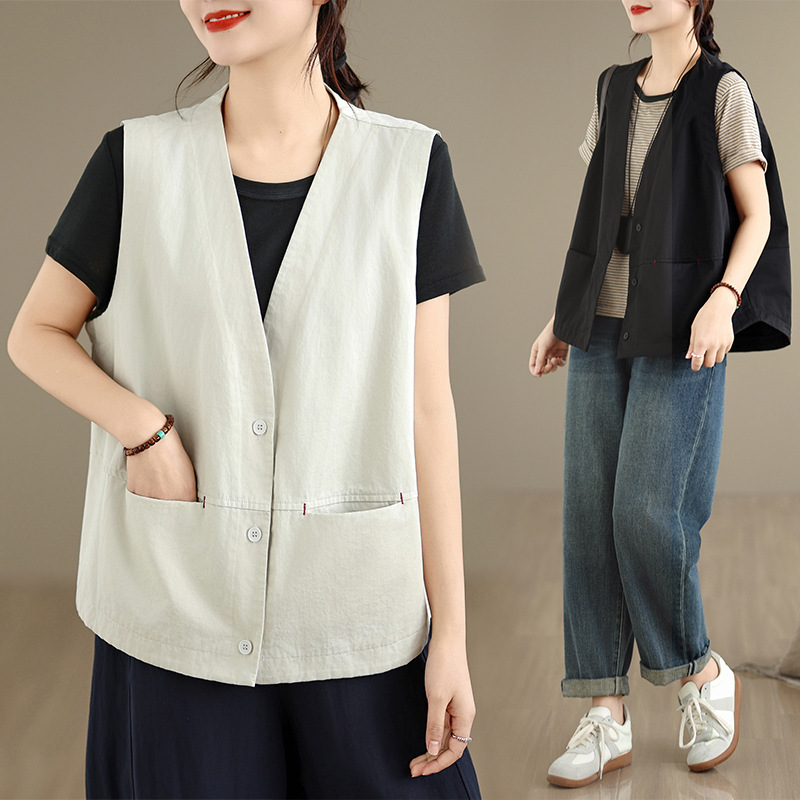 Real Shot of High-End Women's Plus-Size Spring and Summer New Cotton-Linen Vest Jacket Loose Top Vest Real Shot of High-End Women's Plus-Size Spring and Summer New Cotton-Linen Vest Jacket Loose Top Vest