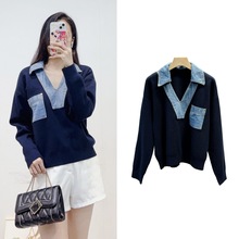 南油高端女装秋冬新款法式潮流毛衣女长袖上衣牛仔拼接V领针织衫