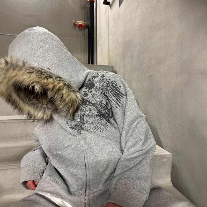 Y2K European and American style large fur collar hooded sweatshirt, long-sleeve printed pullover hoodie, vintage jacket, street fashion clothing Y2K European and American style large fur collar hooded sweatshirt, long-sleeve printed pullover hoodie, vintage jacket, street fashion clothing