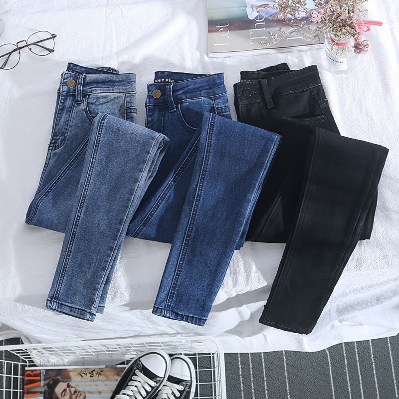 Spring New Black High-Waisted Jeans for Women, Slim-Fit Cropped Pants for Female Students, Korean Style, Winter Slimming, Eight-Tenths Length
