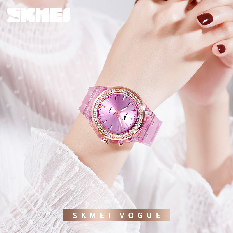 亚马逊欧美女款手表skmei时刻美led彩灯透明款镶水钻防水女表