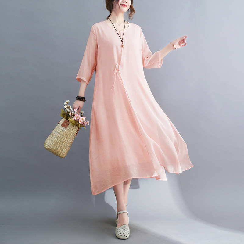 2022 Real-shot In-stock Vintage Artistic Elegant Cotton-linen Cool Round-neck Three-quarter Sleeve Zen-style Robe Dress_ecoleips.com