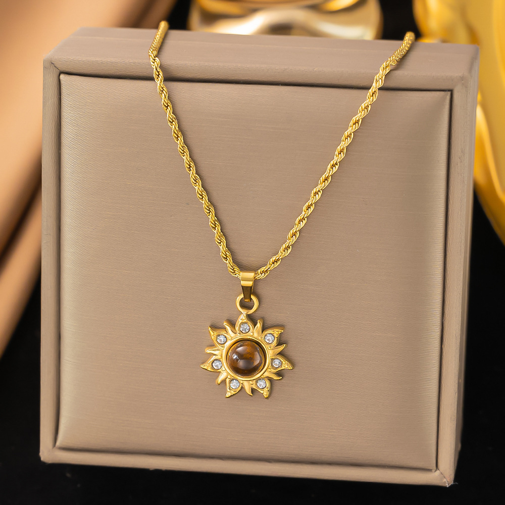 【XLH411】해바라기 타이거 아이 스톤 목걸이 골드