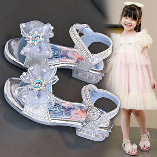 Girls Sandals Summer 2025 New Elsa Crystal Shoes Children's Princess Shoes Rhinestone Little Girls Student Beach Shoes
