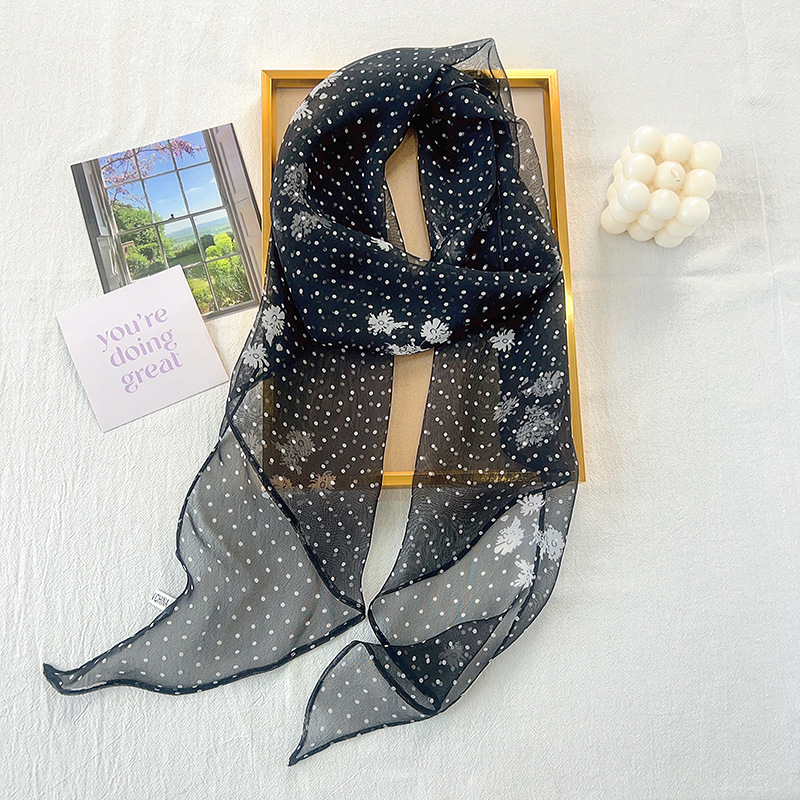 Versión coreana de la cinta de gasa estilo INS, sensación de ambiente de primavera y verano para damas, estilo delgado, cuello, lunares, estampado floral, bufanda de seda, marea