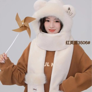2024 winter new sweet plush simple hat scarf gloves one thick three-piece set
