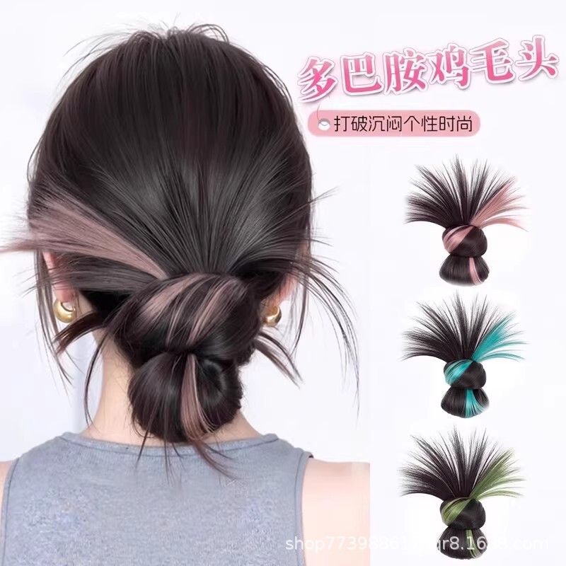 Hair Bun Wig for Women with Sweet and Sassy Highlights, Feather Hair Clip, Fluffy Low Bun Hairpiece, Colorful Hair Tie