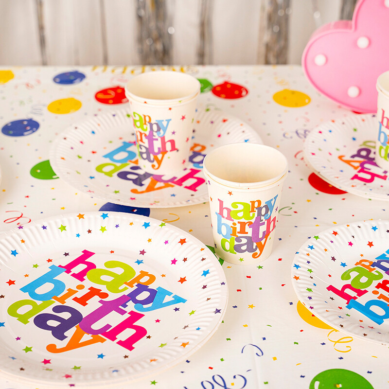 Birthday Party Party Disposable Paper Tray Paper Cup Colorful Balloon Tablecloth Camping Picnic suit in stock Wholesale