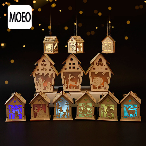 Christmas decoration, Christmas glowing small log cabin snow house Christmas tree ornament hanging DIY gift, window display decoration