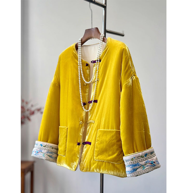 新中式国风盘扣加棉冬装黄色丝绒外套女高端真si年轻唐装夹棉服袄