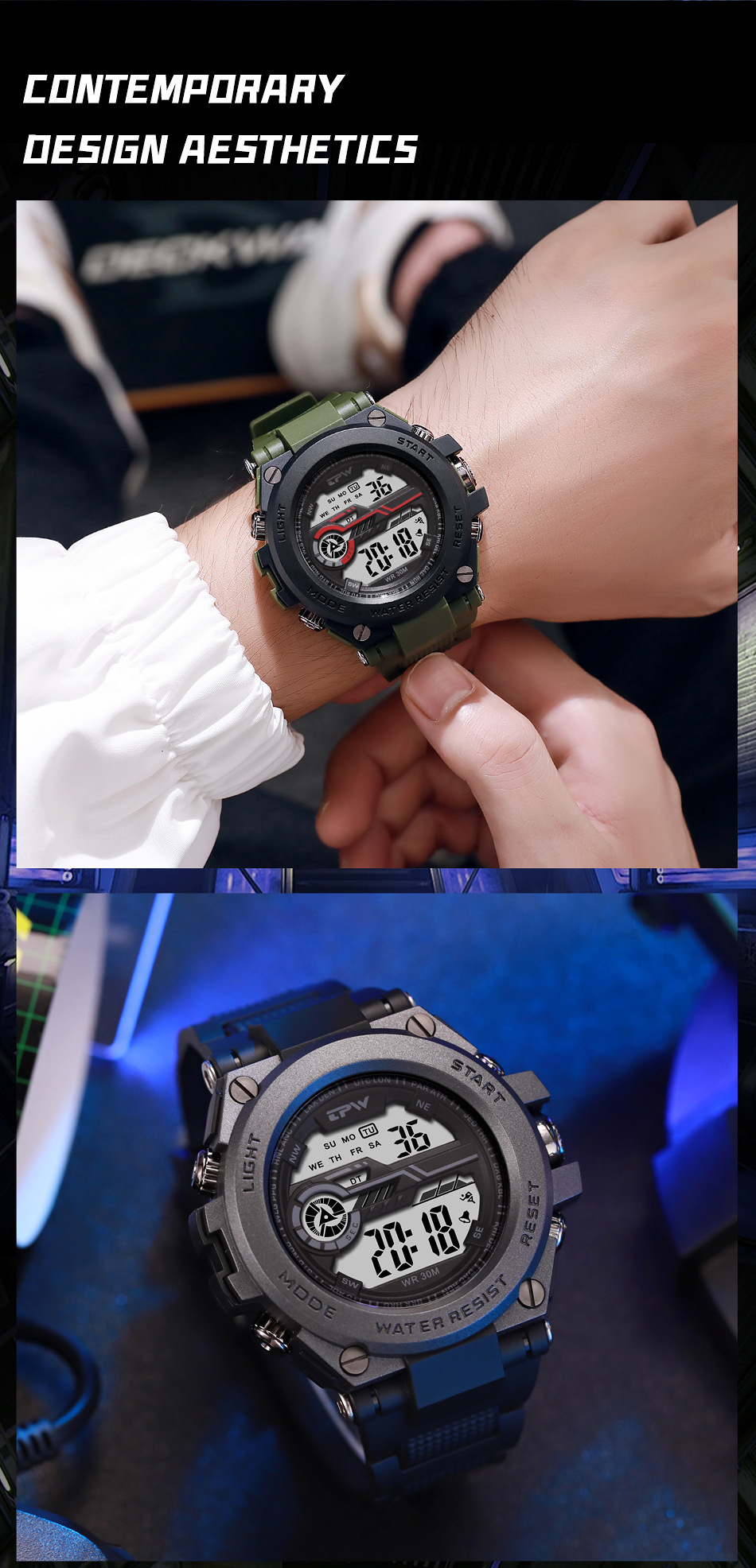 Orologi sportivi digitali da uomo Orologio da polso a LED luminoso impermeabile 30M con allarme Cronometro Timer retroilluminazione Data di calendario Orologio elettronico da studente_voghion.com