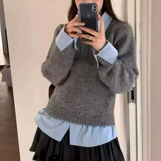 假两件叠穿女秋冬韩系设计感小众独特针织衫上衣灰蓝撞色毛衣衬衫