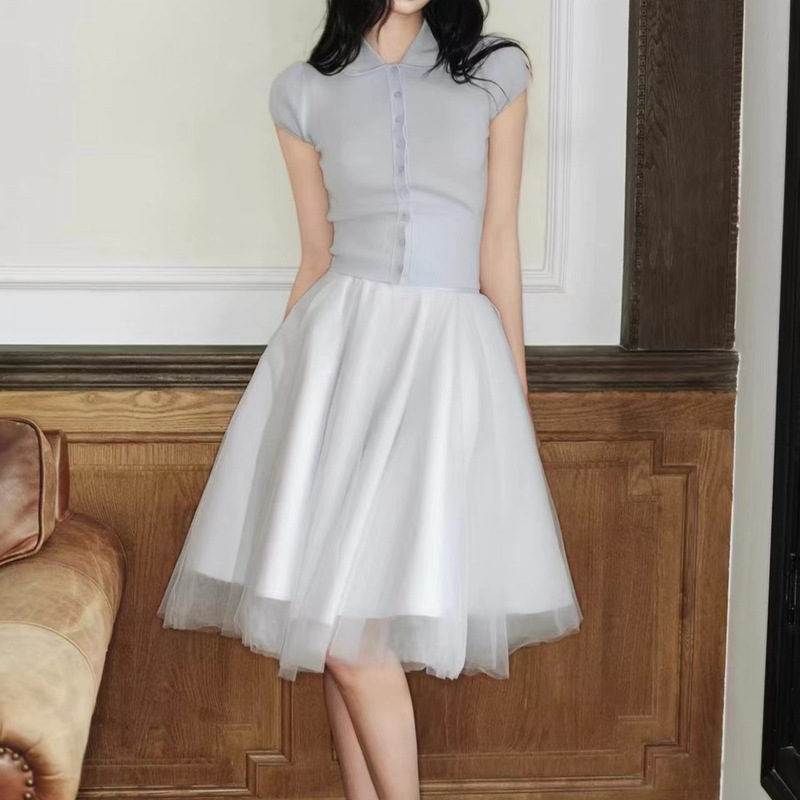 /Ballet-Style A-Line Mesh Skirt with Tencel Lining, Mid-Length Skirt, Elegant Women's Summer Skirt