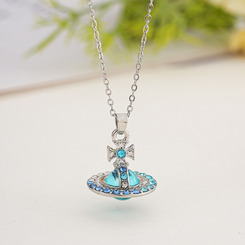 Empress Dowager's Gradient Saturn Full Diamond Necklace for Women, Versatile Planet High-End Ufo Niche Sweater Clavicle Chain