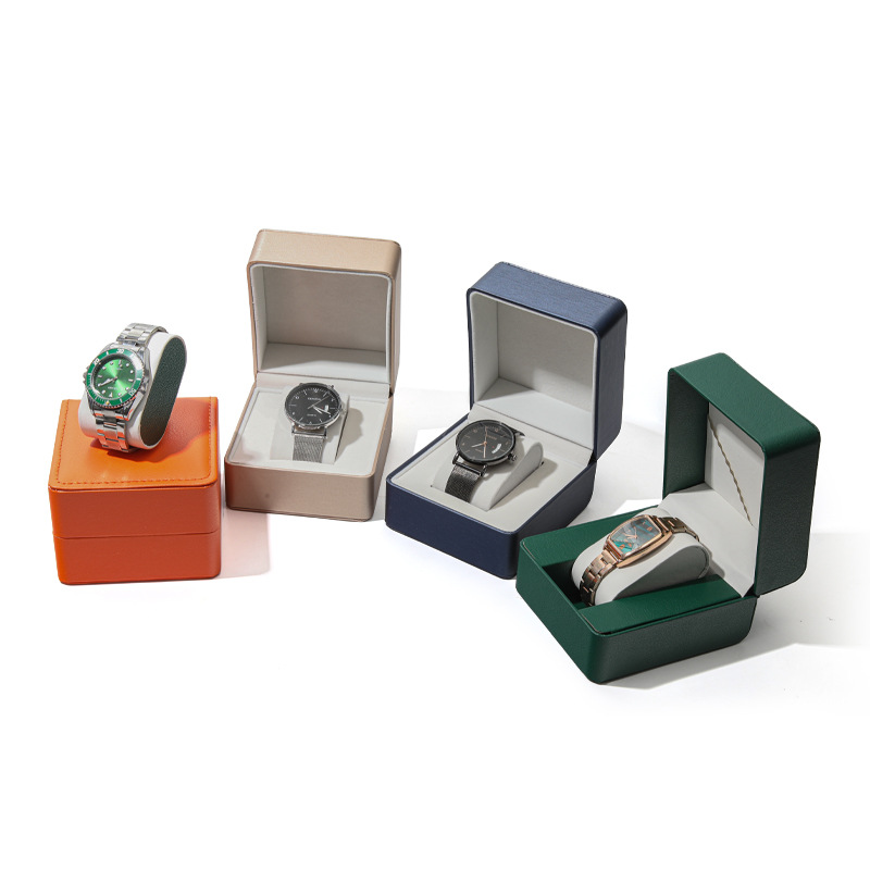 Caja redondeada de cuero PU para reloj, caja de almacenamiento para exhibición de reloj cepillado, caja de embalaje para reloj con tapa, lista para la venta
