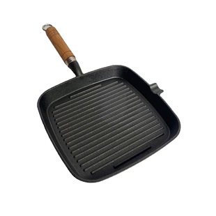 Thickened Cast Iron Striped Steak Frying Pan 22cm Square Uncoated Wooden Handle Pan Steak Frying Pan for Hair