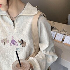 半拉链polo领卫衣 秋冬季美式高级感简约宽松长袖创意印花上衣女