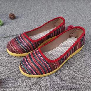 Jinglufu Beijing craft cloth shoes linen soft bottom square mouth mom shoes flat casual pregnant women striped breathable women's shoes