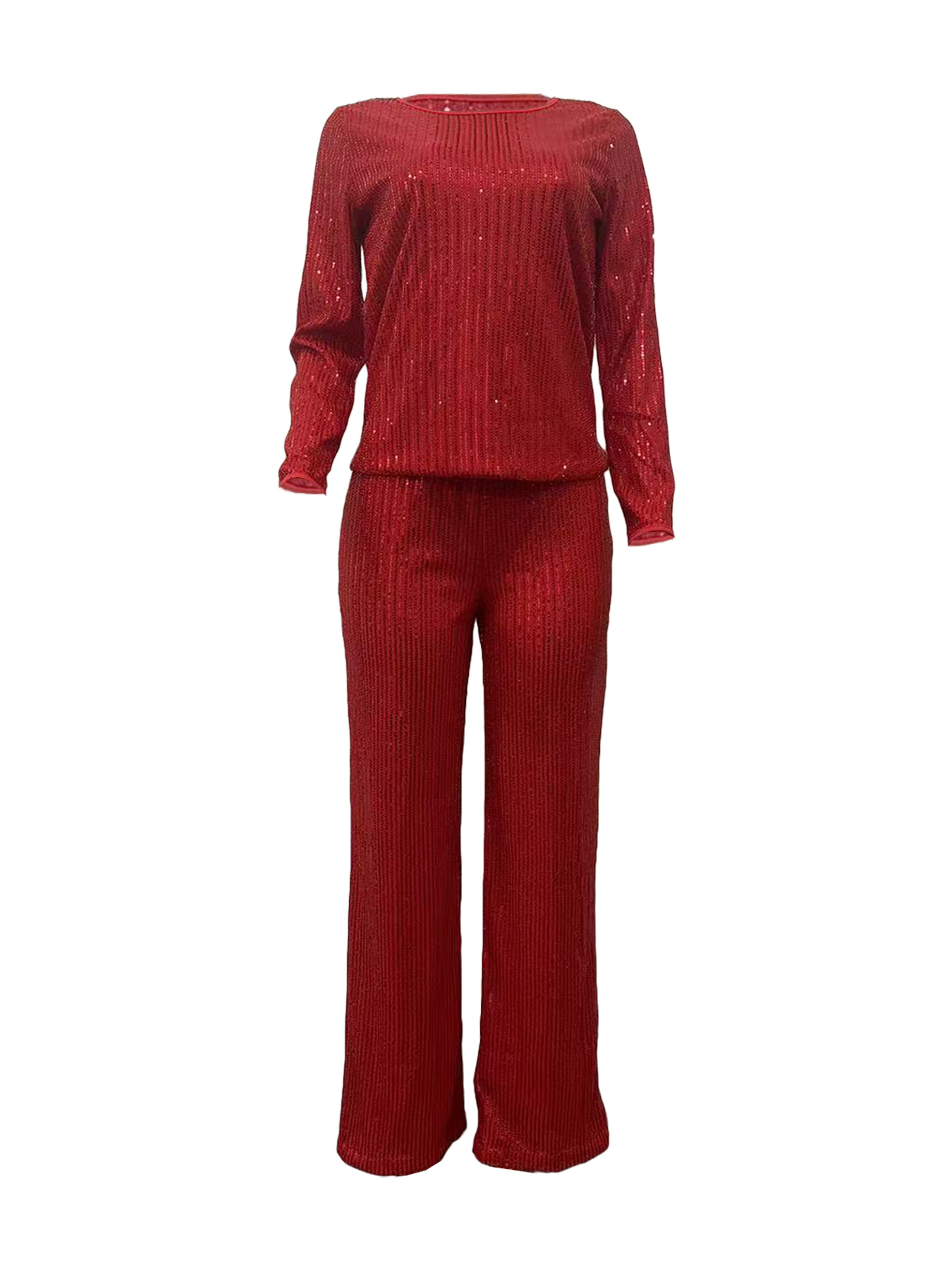 Women's Clothing new sequined solid color long sleeved trousers two piece set_voghion.com