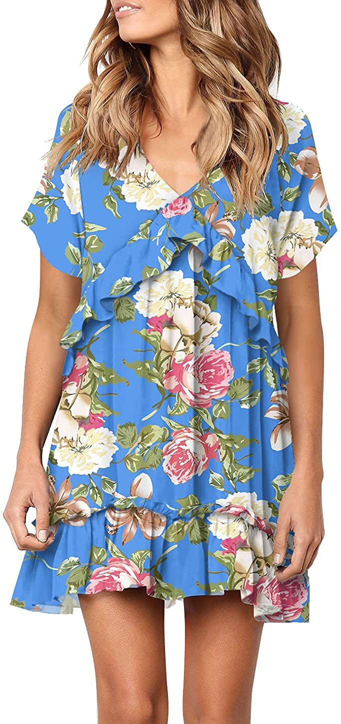 Vestido de manga corta con cuello en V y volantes sueltos con estampado de flores de -Multicolor NSFH133023