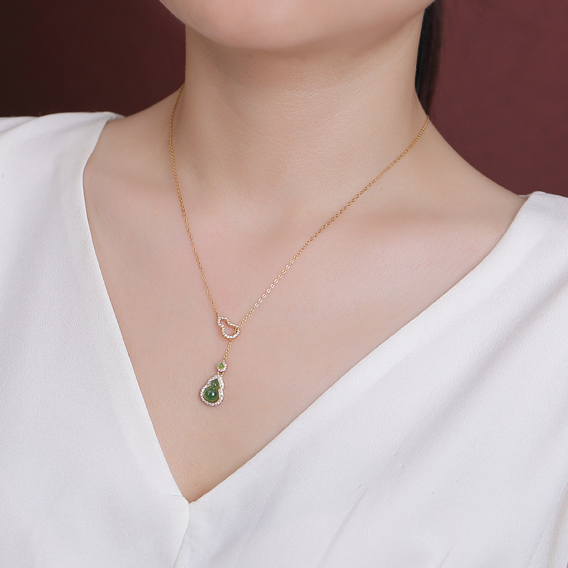 Dây chuyền bạc S925 mạ vàng mặt ngọc Hetian hình quả bầu hạt Fulu — Mẫu bạc (bao gồm cả dây chuyền)