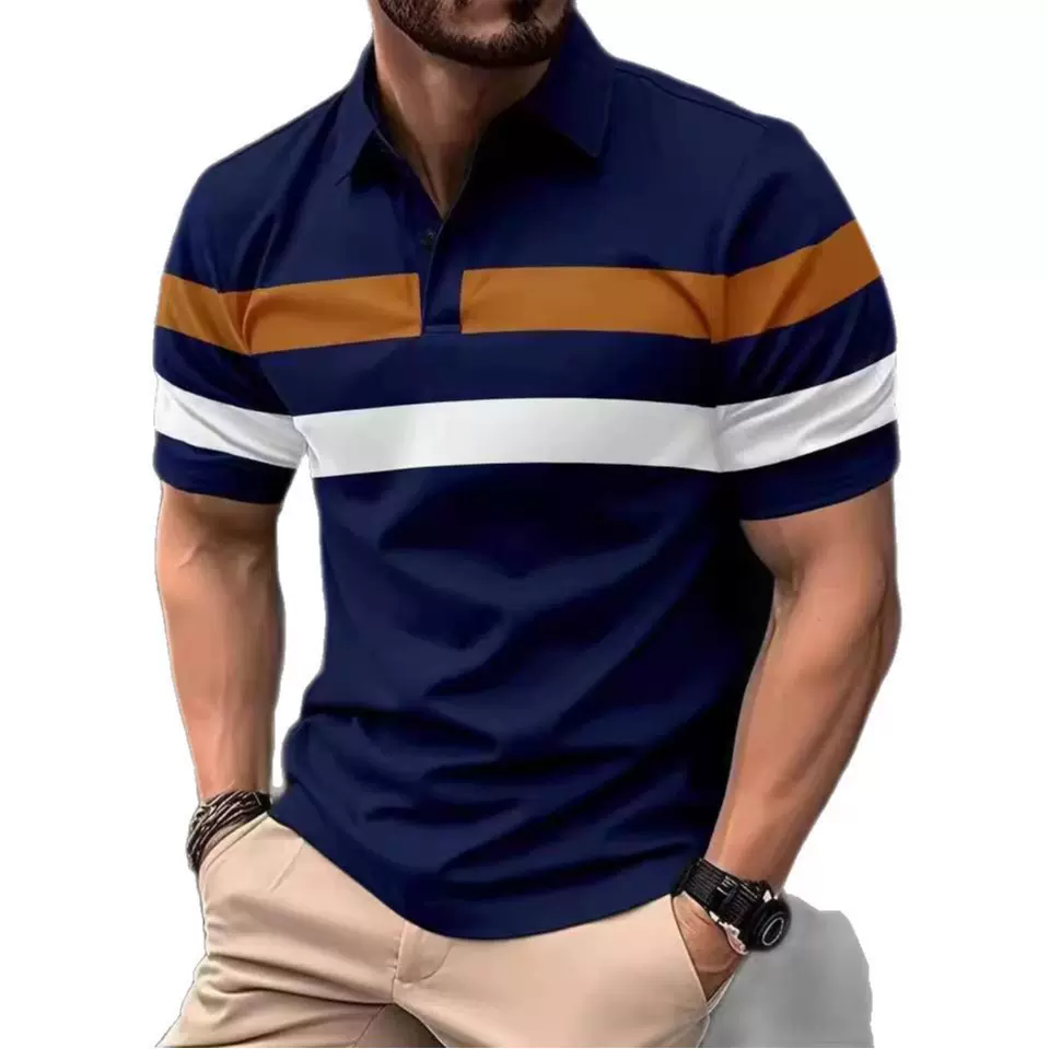 2025夏季新款外贸跨境短袖男polo衫条纹拼接休闲衣服短袖男带领T