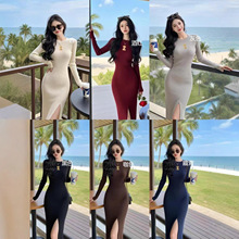 连衣裙女到脚踝中长款过膝修身紧身打底内搭针织毛衣超长裙秋冬季