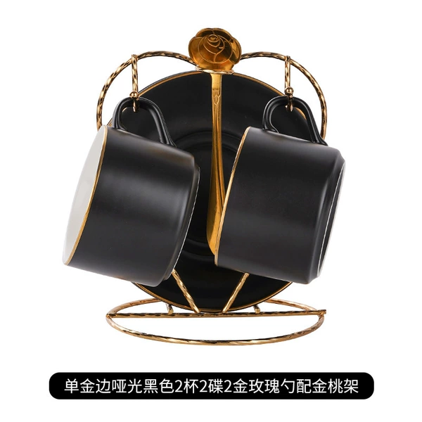 Matt single gold edge black 2 cups and saucers gold spoon with gold stand
