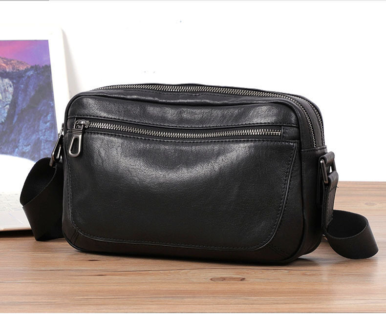 Túi đeo chéo nam da bò lớp đầu, túi đeo vai nhỏ đựng máy tính bảng 8 inch — Màu đen chi tiết 16